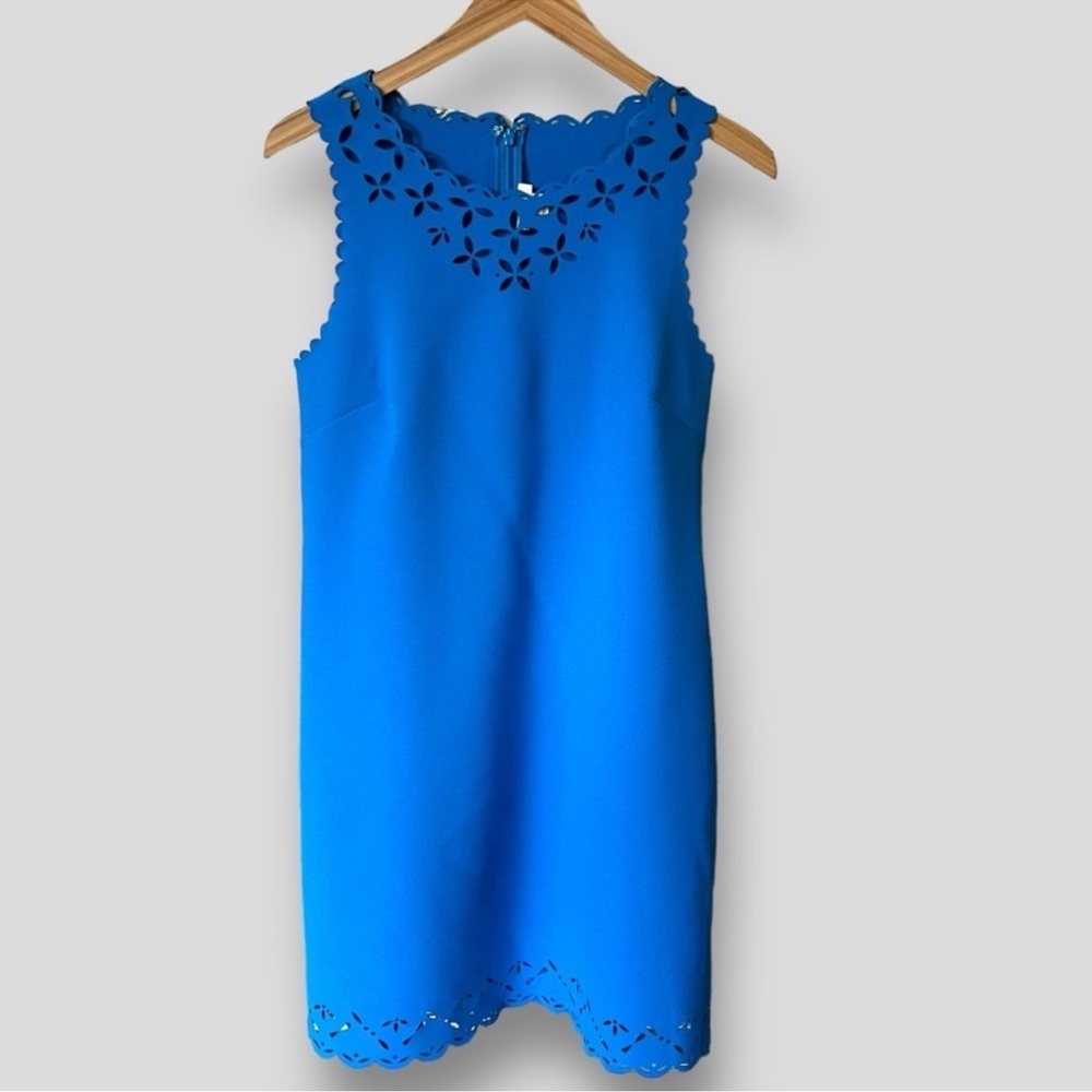 J Crew Womens Sleeveless Blue Scalloped Edge Laser Cut Shift Dress